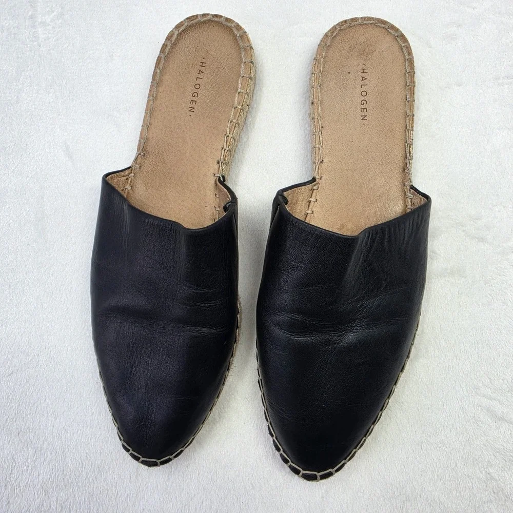 Halogen Black Leather Mule Espadrille Flats Womens Slip On Casual Shoe